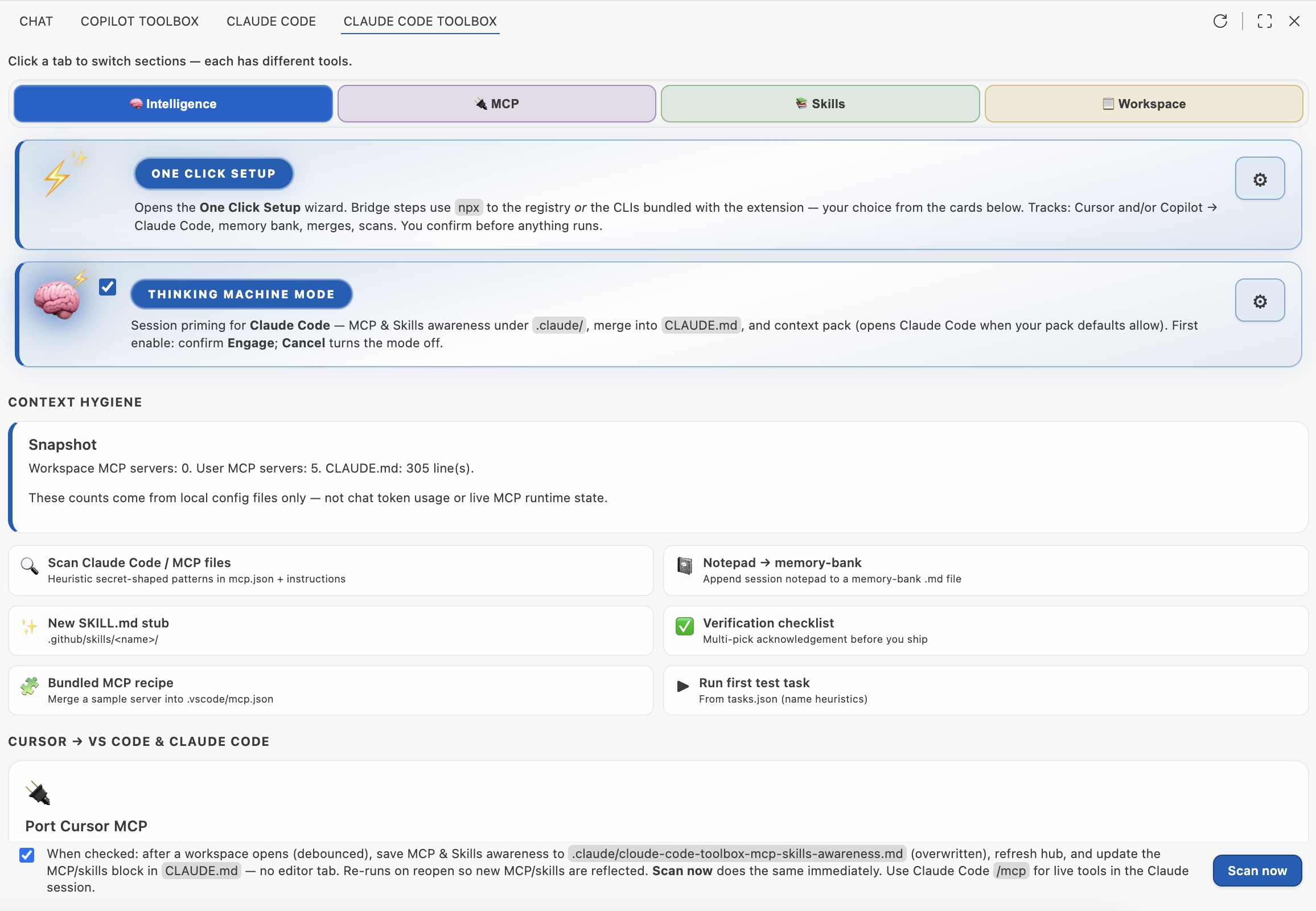 Claude Code ToolBox hub: Intelligence tab with Cursor to VS Code and Claude Code bridges. Click to view fullscreen.
