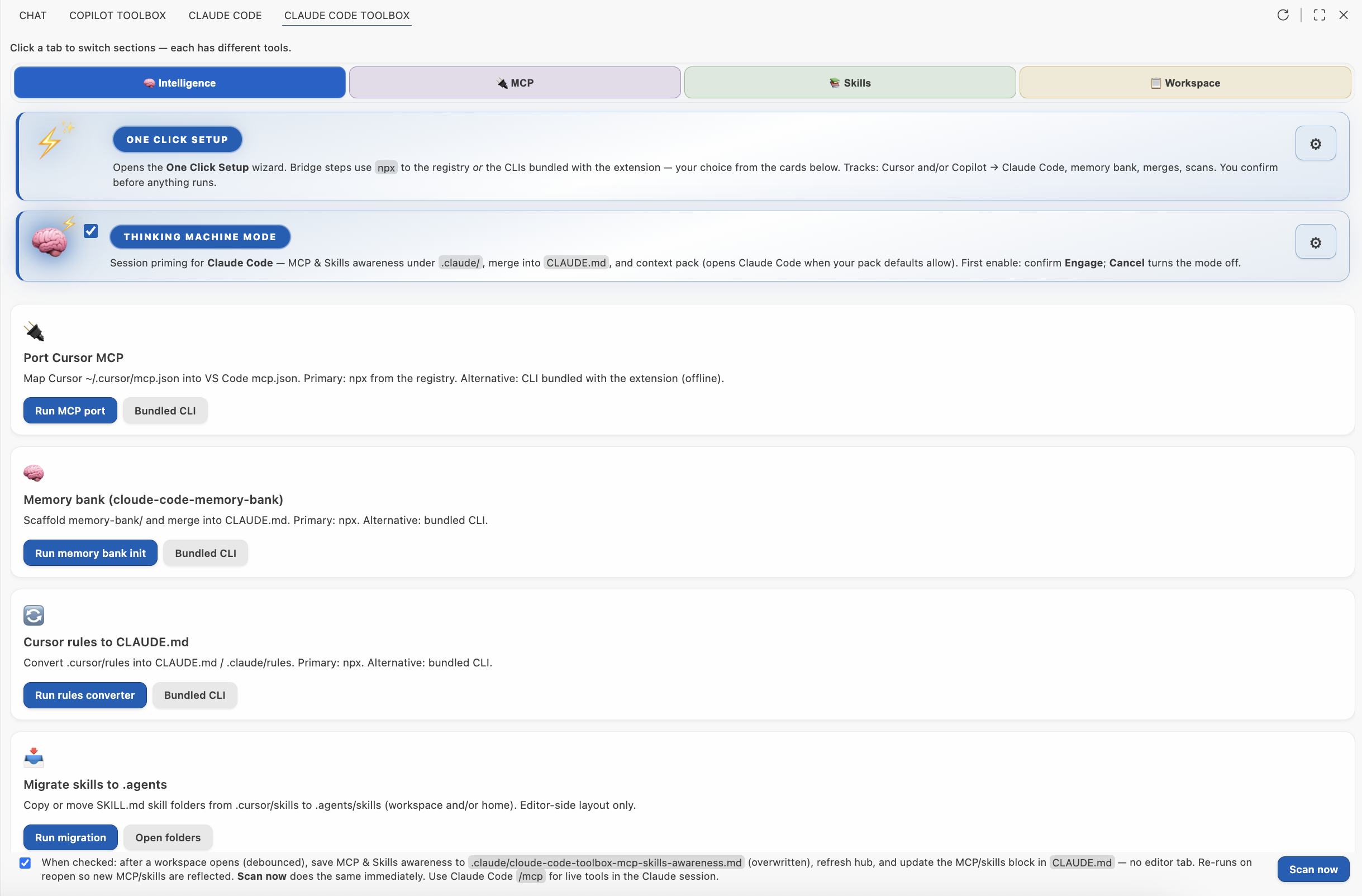 Intelligence: Port Cursor MCP, rules, and memory bank to VS Code and Claude Code. Click to view fullscreen.