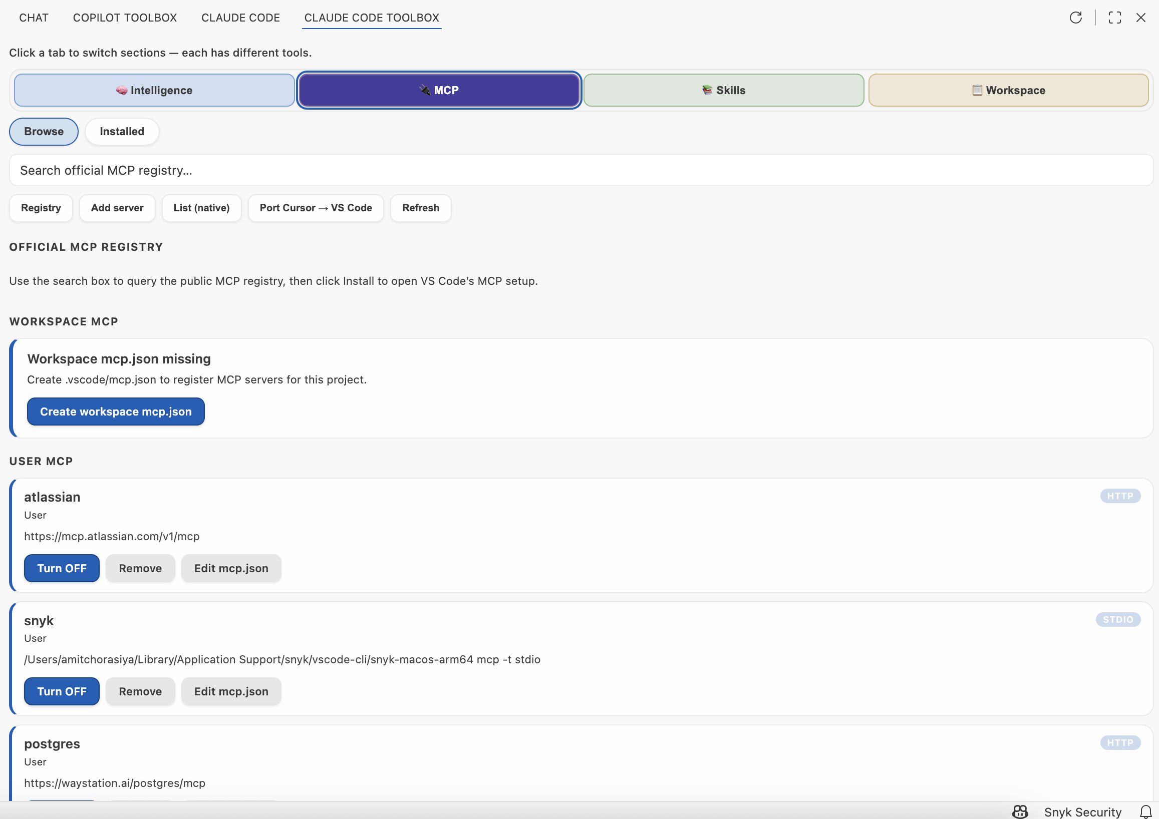 MCP installed servers. Click to view fullscreen.