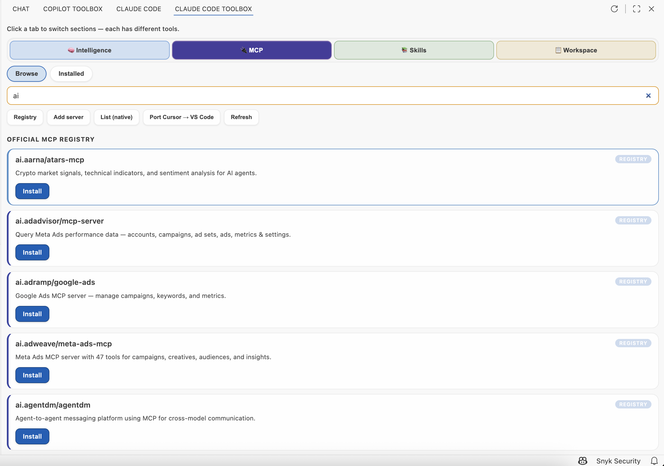 MCP registry browse. Click to view fullscreen.