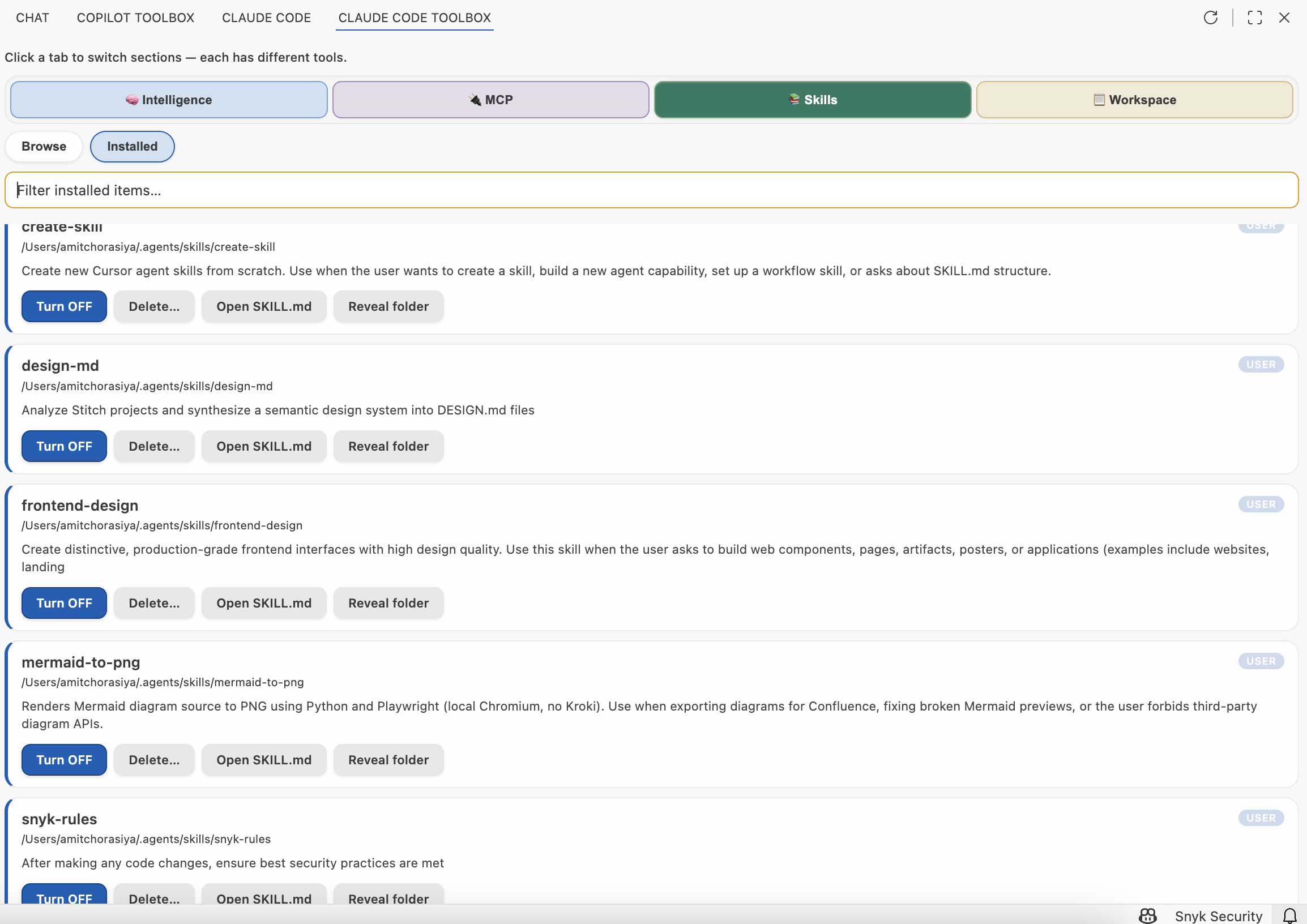 Installed local skills. Click to view fullscreen.