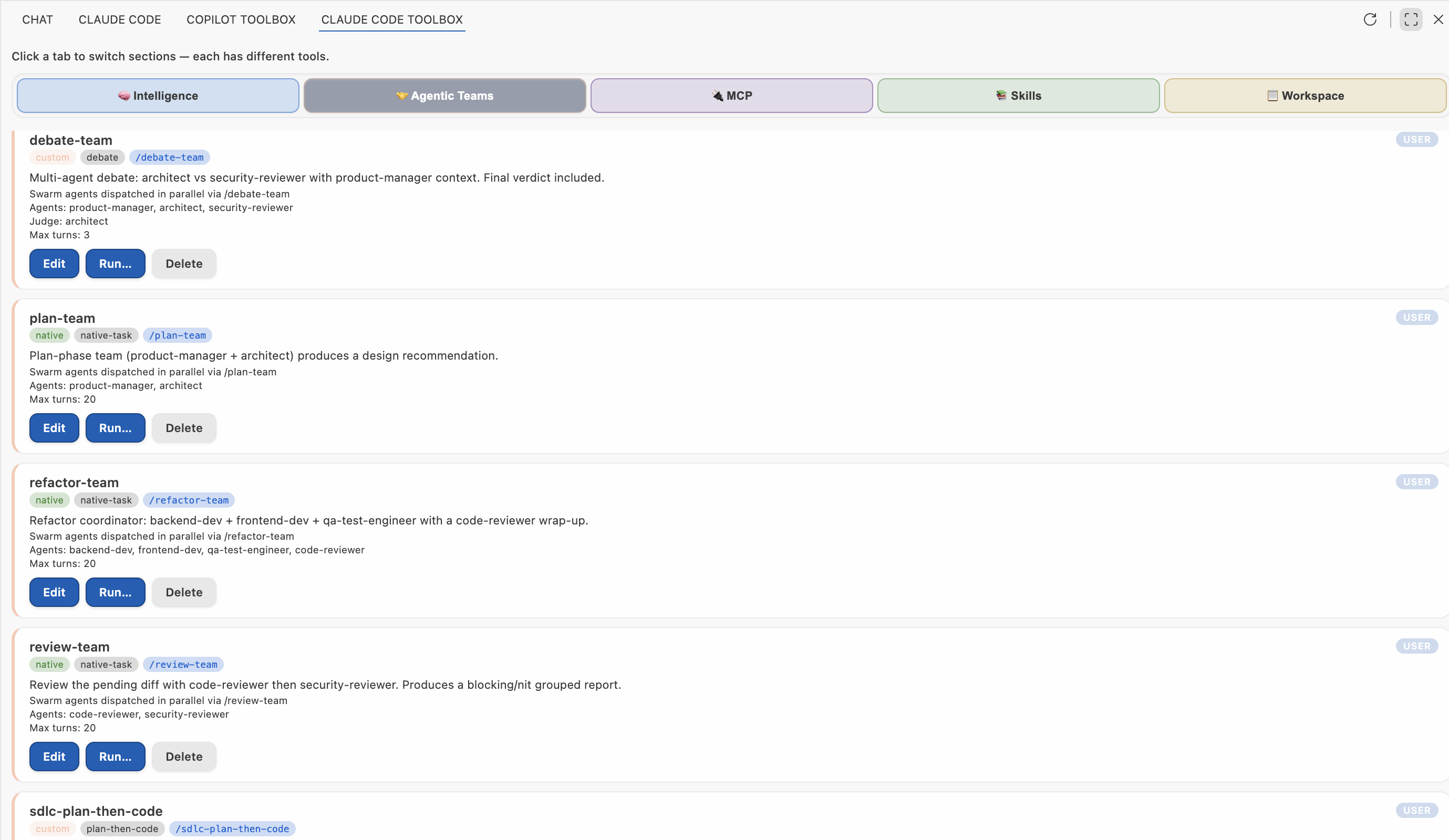 Agentic Teams: teams with protocols, swarm dispatch, and one-click Run. Click to view fullscreen.