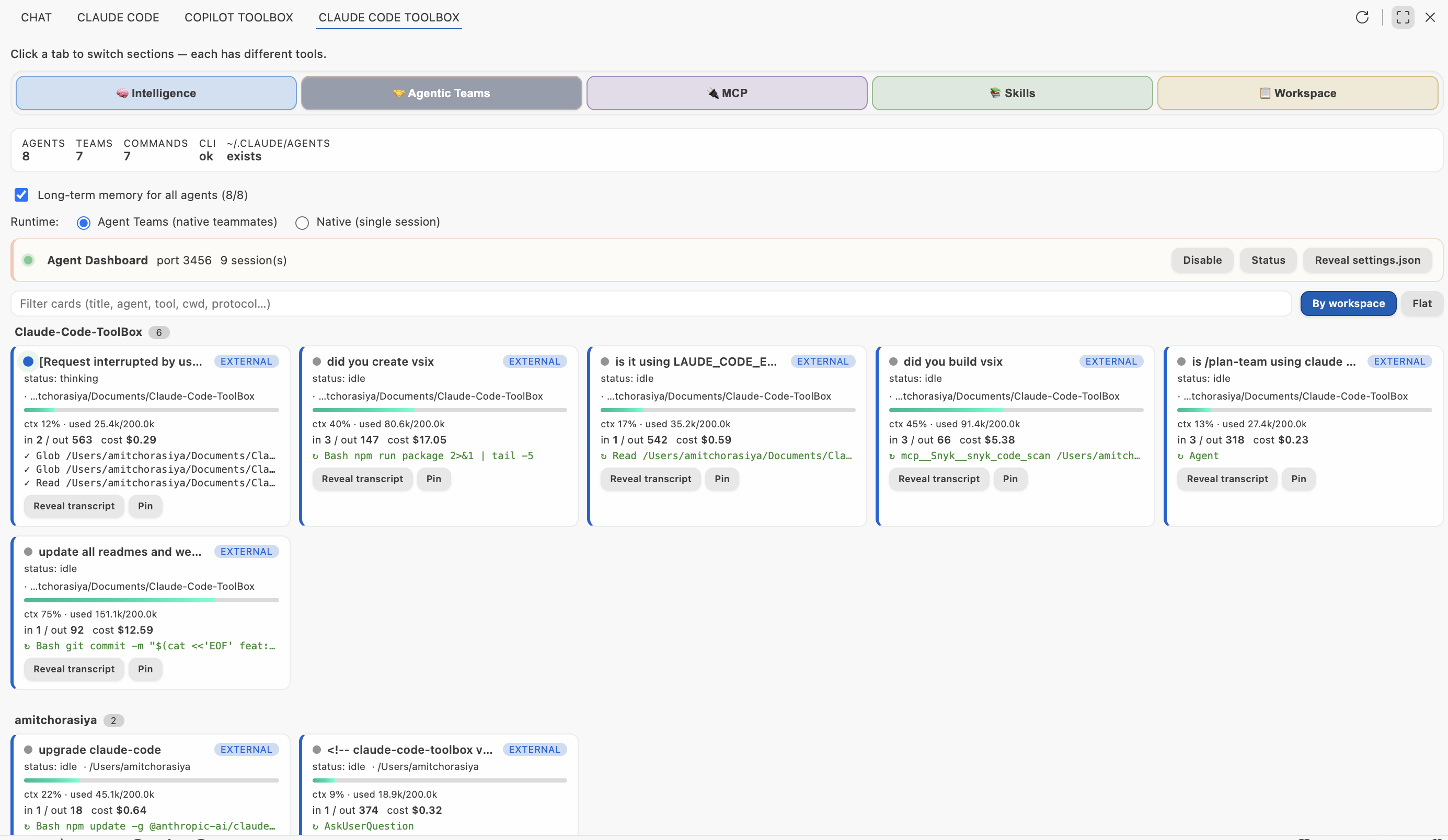 Agent Dashboard: live session cards with cost estimation, context fill, and LTM toggle. Click to view fullscreen.